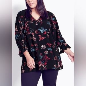 NWT Arna York Black Paisley Print Blouson Sleeve Tunic Top